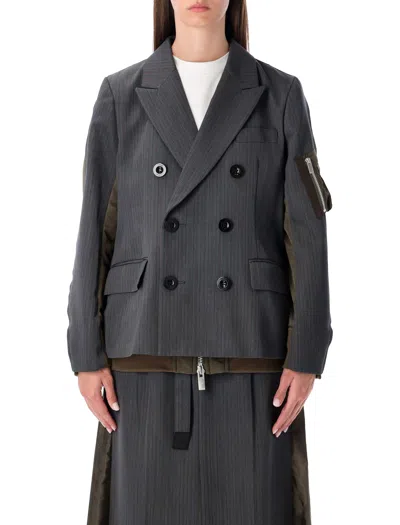 Sacai Wool And Twill Double-breasted Blazer In Gray