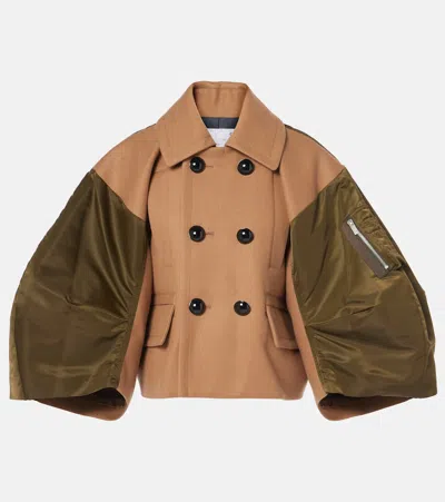 Sacai Wool And Twill Jacket In Beige Olive