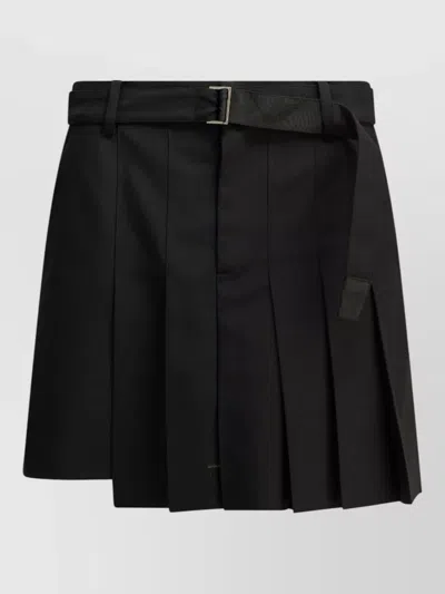 Sacai Wool Blend Pleated Shorts Belted Waist Pockets In Black