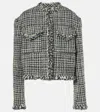 Sacai Womens Off White Blue Collarless Down-fill Wool-blend Tweed Jacket In Multicoloured