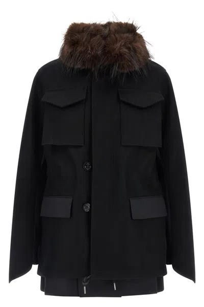 Sacai Wool Coat With Fur Insert In Black