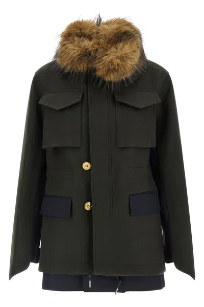 Sacai Wool Coat With Fur Insert In Green