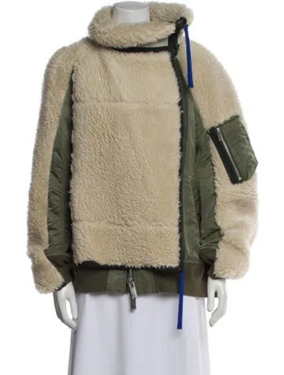 Pre-owned Sacai Wool Colorblock Pattern Faux Fur Jacket In Green