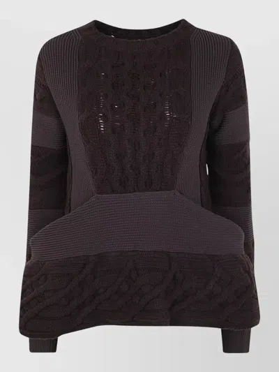 Sacai Wool Crew Neck Cable Knit Pullover In Brown