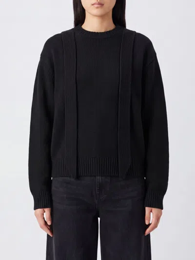 Sacai Wool Crewneck Jumper With Contrast Panel And Embroidery In Black