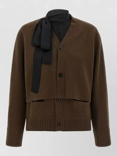 Sacai Wool Cutout V-neck Long-sleeve Cardigan In Brown