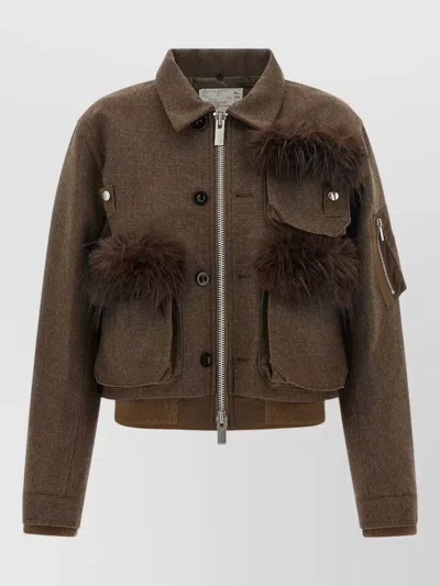 Sacai Wool Faux Fur Trim Blouson Jacket In Brown
