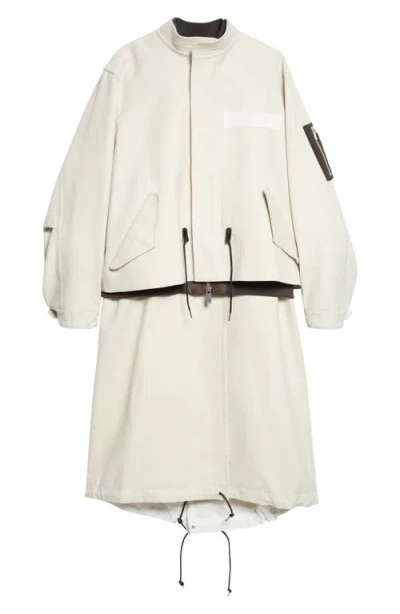 Sacai Wool Flannel & Nylon Twill Coat In Neutral