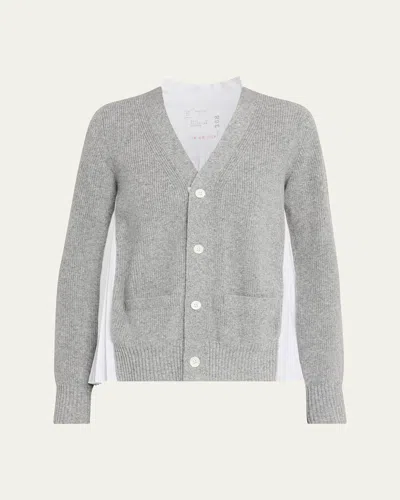 Sacai Wool Knit And Cotton Poplin V-neck Cardigan In Grey/white