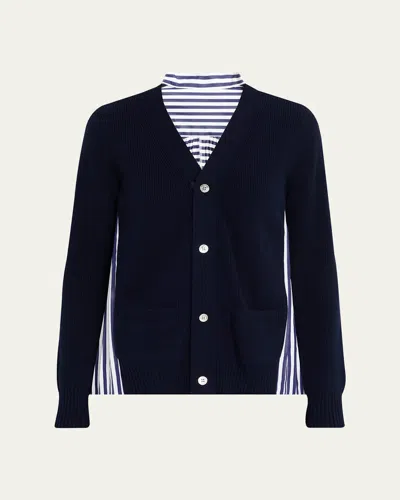 Sacai Wool Knit And Cotton Poplin V-neck Cardigan In Navy