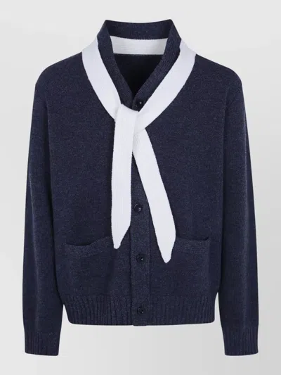 Sacai Wool Knit Cardigan Scarf Detail Pockets In Blue