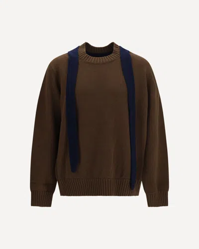 Sacai Wool Knit Cardigan With Integrated Scarf In Brown