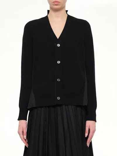 Sacai Wool Knit X Cotton Poplin Cardigan In Black
