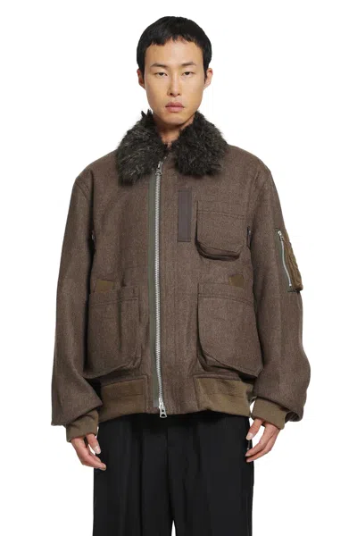 Sacai Melton Plush-trimmed Wool Blouson Jacket In Brown