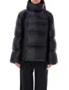 Sacai Womens Black Funnel-neck Contrast-panels Regular-fit Shell Coat