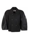 Sacai Puff Nylon-sleeve Cropped Wool Pea Coat In Negro
