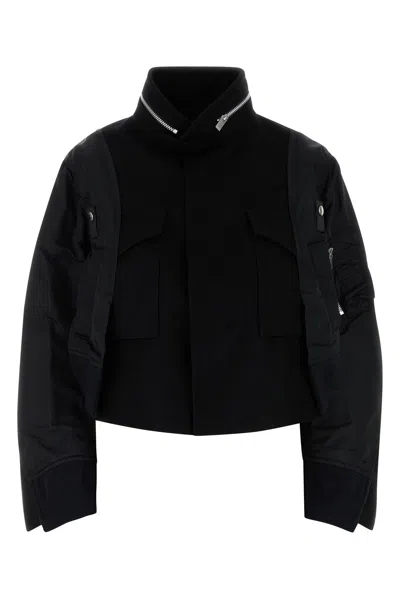 SACAI SACAI BLACK WOOL AND NYLON BOMBER JACKET