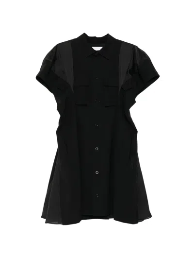 Sacai Womens Black Pleated Contrast Satin And Wool Mini Dress