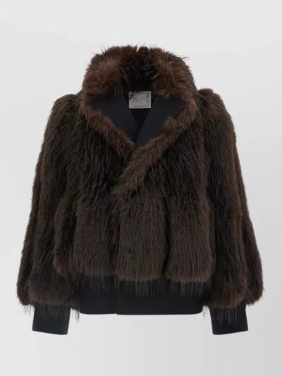 Sacai Wool Melton Jacket With Fur In Brown