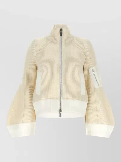 Sacai Wool Ribbed Cropped Funnel-neck Bell-sleeve Jumper In Neutral