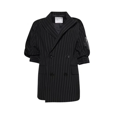 Pre-owned Sacai Wool Silk Suiting Nylon Twill Jacket 'black Stripe' | Women's Size 2