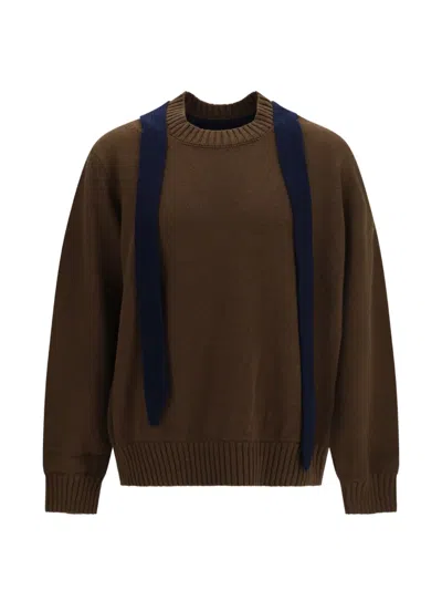 Sacai Merino Wool With Integrated Scarf Sweater In Brown