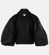 Sacai Puff Nylon-sleeve Cropped Wool Pea Coat In Black