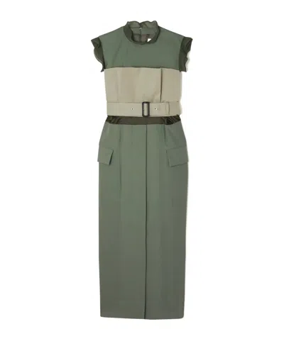 Sacai Woven Midi Dress With Belted Design And Spliced Chiffon Trim In Green