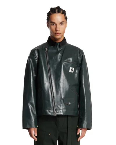 Sacai X Carhartt Green Leather Jacket In Blue