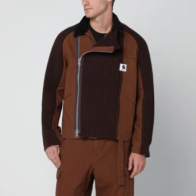 Sacai Beige Bi-material Zip Jacket In Brown