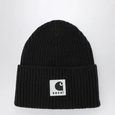 SACAI SACAI X CARHARTT WIP | BLACK BEANIE WITH LOGO PATCH