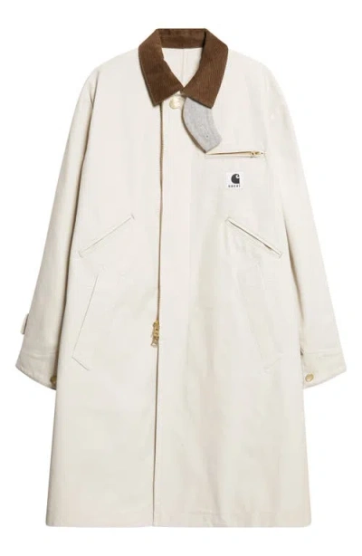 Sacai X Carhartt Wip Duck Canvas Balmacaan Coat In White