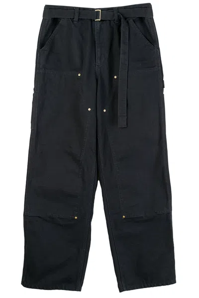 Sacai Carhartt Wip Straight-leg Belted Panelled Cotton-canvas Trousers In Black