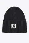Sacai Carhartt Wip Wool Blend Knit Beanie Hat In Black