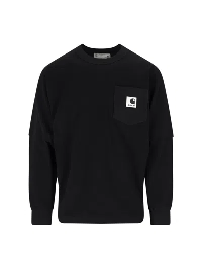 Sacai X Carhartt Wip Logo Crewneck Sweatshirt In Black
