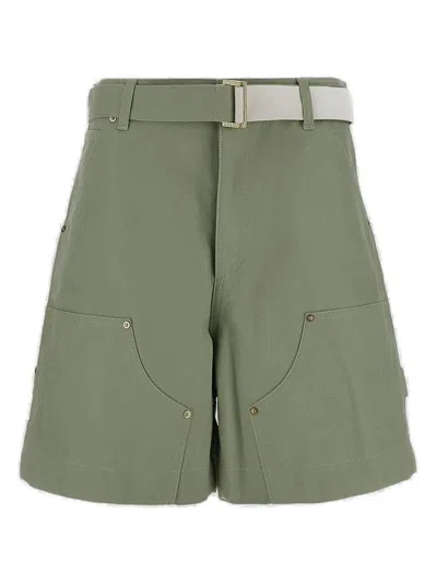 Sacai X Carhartt Wip Logo Patch Belted Waist Shorts In Green