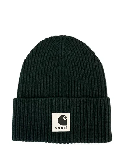 Sacai X Carhartt Wip Ribbed Beanie Hat In Black