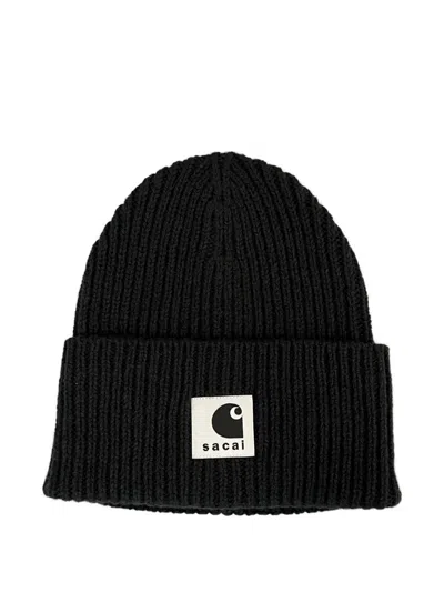 Sacai X Carhartt Wip Ribbed Logo Beanie Hat In Brown