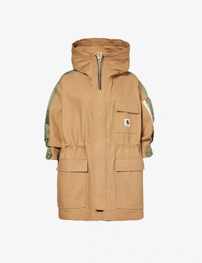 Sacai X Carhartt Wip Womens Beigekhaki Brand-patch Relaxed-fit Cotton-canvas Coat