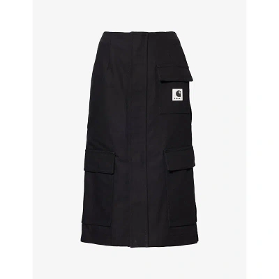 Sacai X Carhartt Wip Womens Black Brand-patch Cotton-canvas Midi Skirt