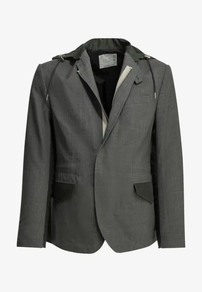 Sacai X Nylon Hooded Blazer In Gray