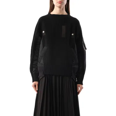 Sacai X Women's Wool Knit X Nylon Twill Pullover In Black