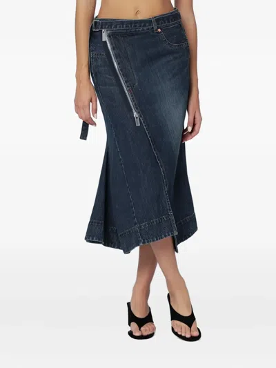 Sacai Asymmetric Denim Skirt Featuring Zip Detail In Blue