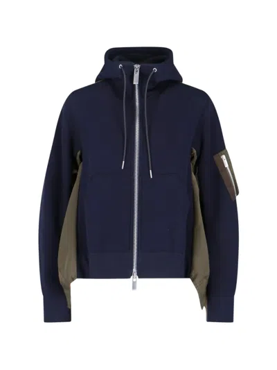 Sacai Hooded Sweatshirt Long Sleeves Ribbed Cuffs Hem In Blue
