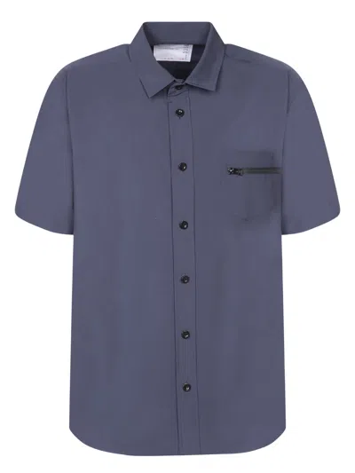 Sacai Zip-pocket Detailed Short Sleeved Buttoned Shirt In Navy