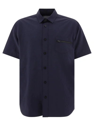 Sacai Zip-pocket Detailed Short Sleeved Buttoned Shirt In Navy