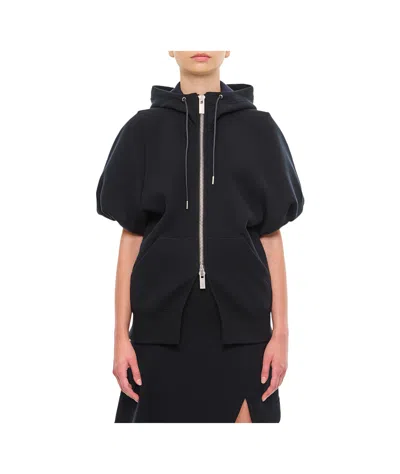 Sacai Zip-up Drawstring Short-sleeved Hoodie In Black