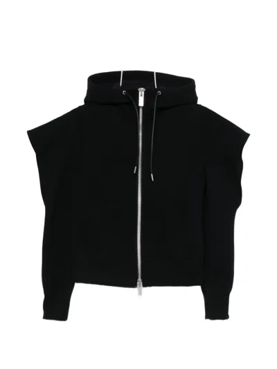Sacai Hooded Zip Sweatshirt Structured Shoulders In Black