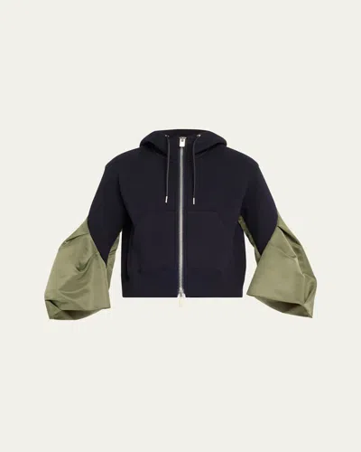 Sacai Zip-up Hoodie With Nylon Sleeves In Navy Blue