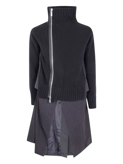 Sacai Striped Layered Knit Coat Dress In Black